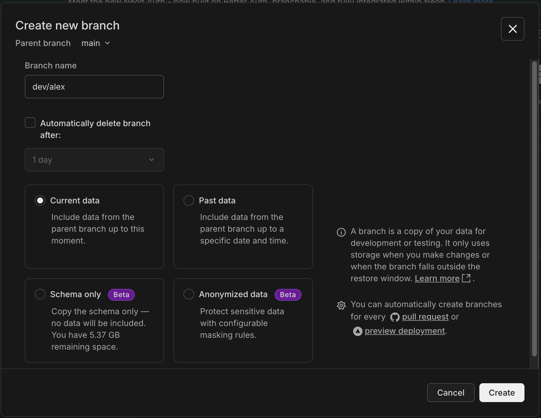 Create branch dialog